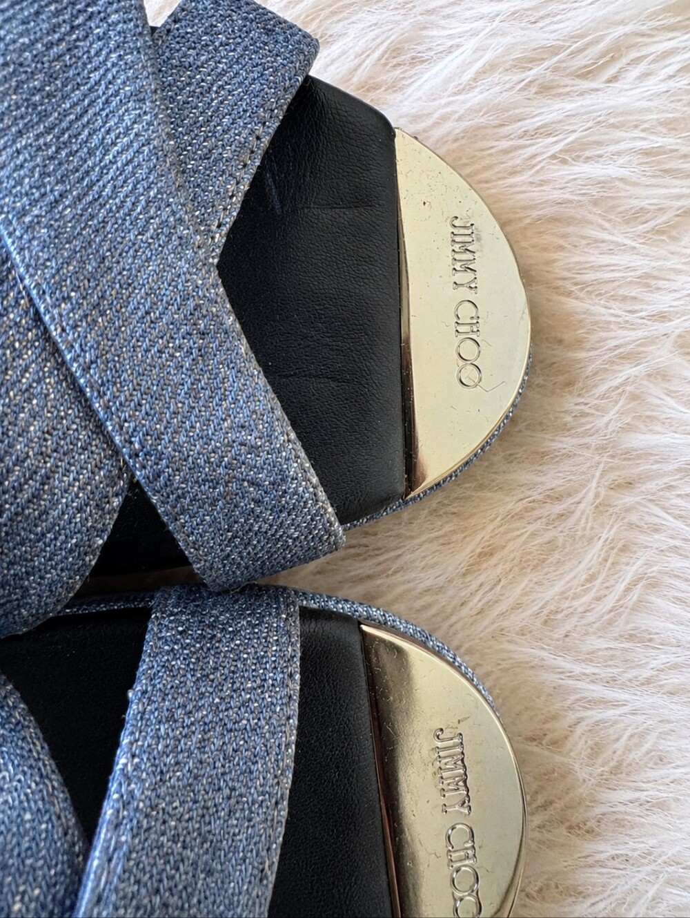 Jimmy Choo Glitter Denim Blue Crisscross Slide Mules 38 - Picture 3 of 5